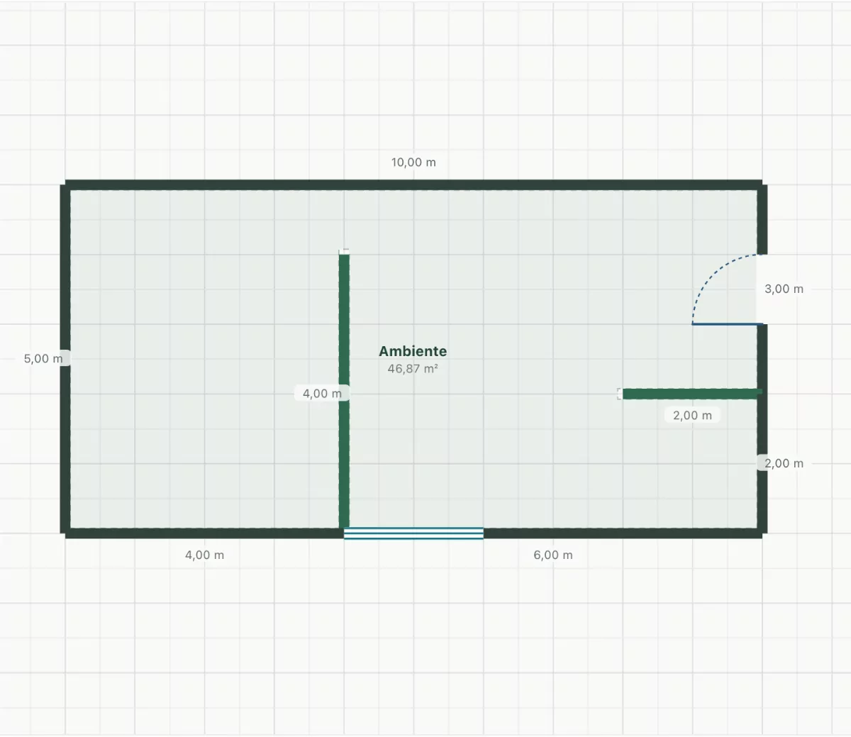 Planta gerada pela IA a partir do esboço: 10 × 5 m, parede interna, porta e janela com cotas