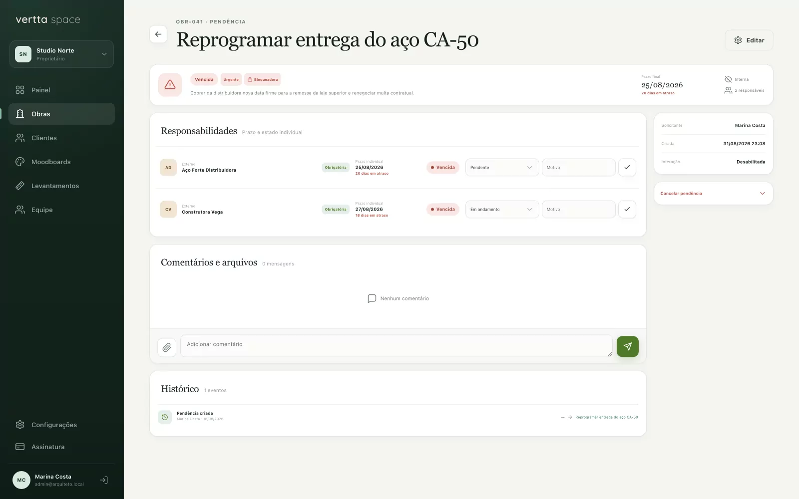 Detalhe de uma pendência com responsáveis, prazos individuais, comentários e histórico