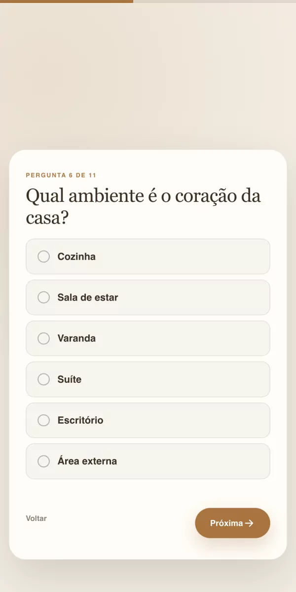 Pergunta de escolha única no moodboard: qual ambiente é o coração da casa