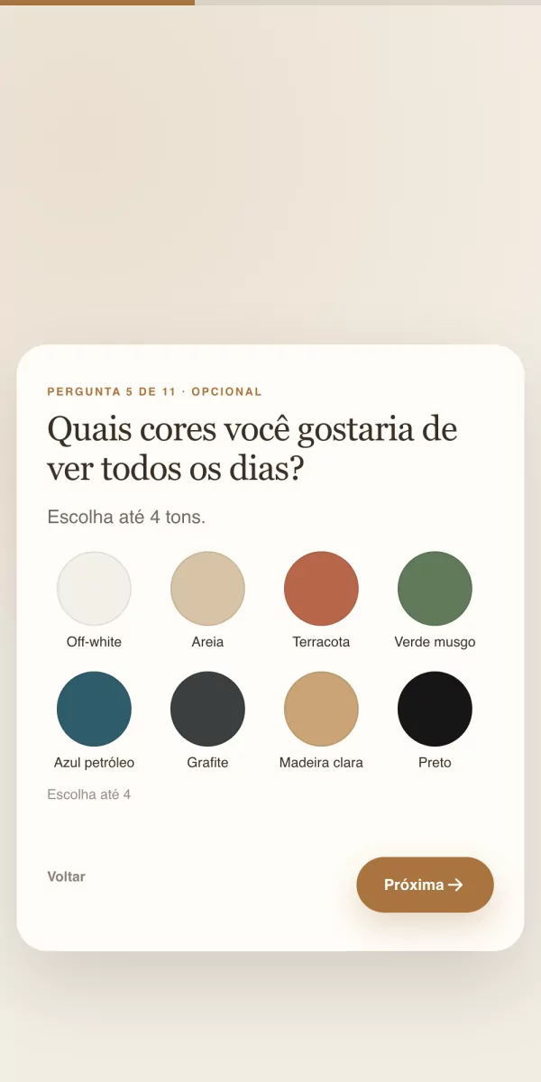 Pergunta de paleta de cores no moodboard: quais cores você gostaria de ver todos os dias