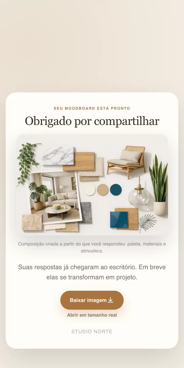 Tela final do moodboard no celular: Seu moodboard está pronto, com a prancha gerada pela IA a partir das respostas e o botão de baixar imagem