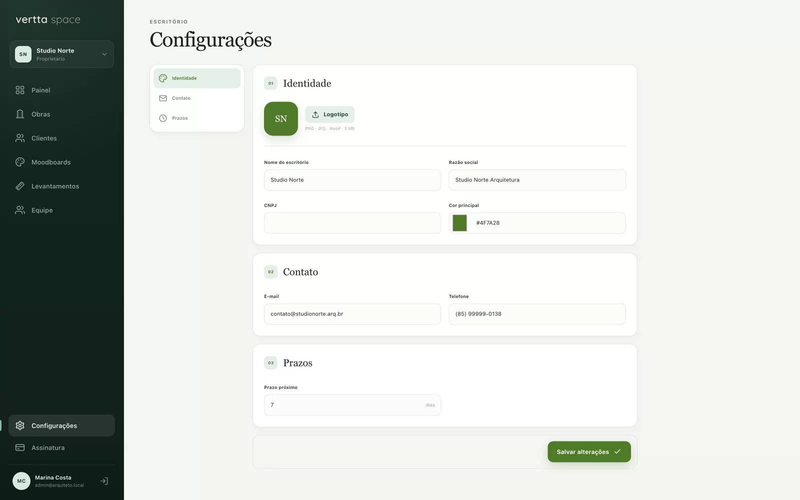 Configurações de identidade do escritório com logotipo e cor principal